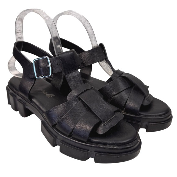 Free People Sandals US 8 Brooks Fisherman Black Leather Heeled Chunky Lug Sole - Picture 1 of 11